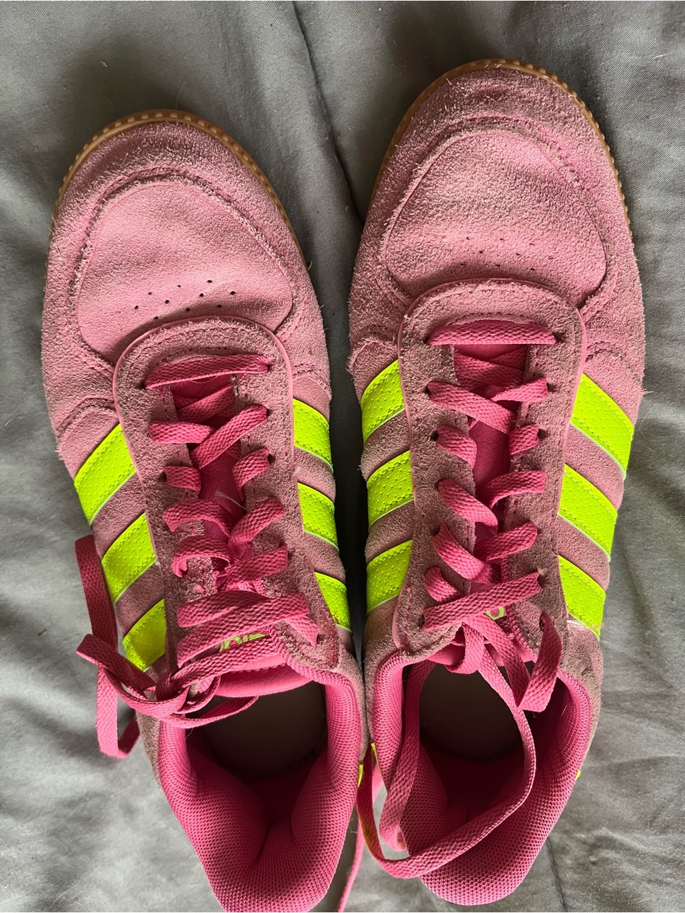 adidas Women's Pink Suede Sneakers with Neon Yellow Stripes